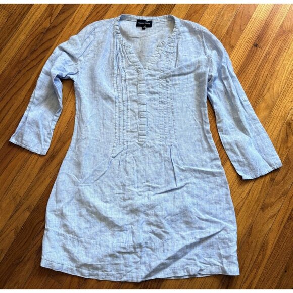 French Curve Linen Tunic Shirt Blue Lightweight Blouse Top - Picture 1 of 13